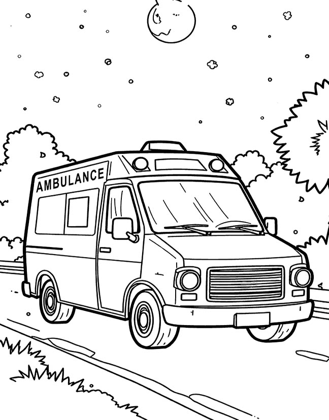 Ambulance driving at night coloring page